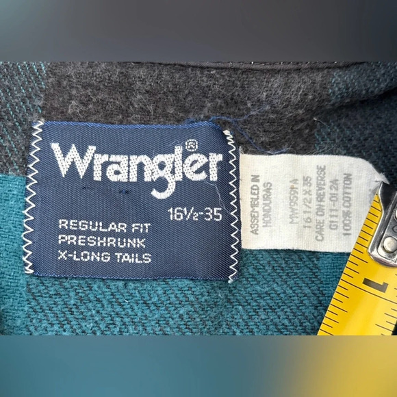 Vtg Wrangler Heavyweight Flannel Shirt Mens 16 1/2 X 35 Pearl Snap X-Long Tails - Picture 8 of 9